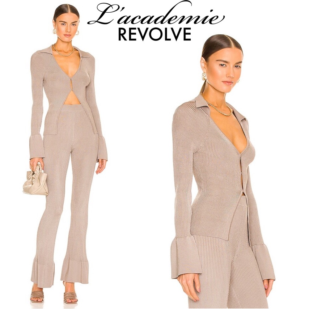 🔥L’Academie Revolve Rib Collar Sweater Cardigan Crop Stretch Neutral Classic S